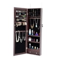 thumbnail image 3 of Jewelry Cabinet with Full-length Mirror, Wall/Door Mounted Mirror Jewelry Armoire Storage Organizer, Lockable Storage Unit with 3 Cosmetic Trays and Drawer, Brown, D8771, 3 of 10
