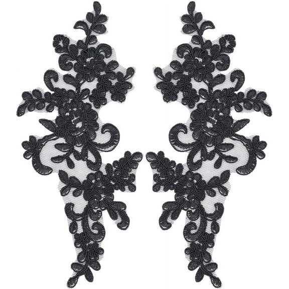 Black 2 Pair 3D Beaded Flower Sequence Lace Applique Motif Sew On Embroidered Lace Applique Wedding Dress Bride's Headdress Adornment Patch for Clothes Sewing Craft Decoration Black Black DIY