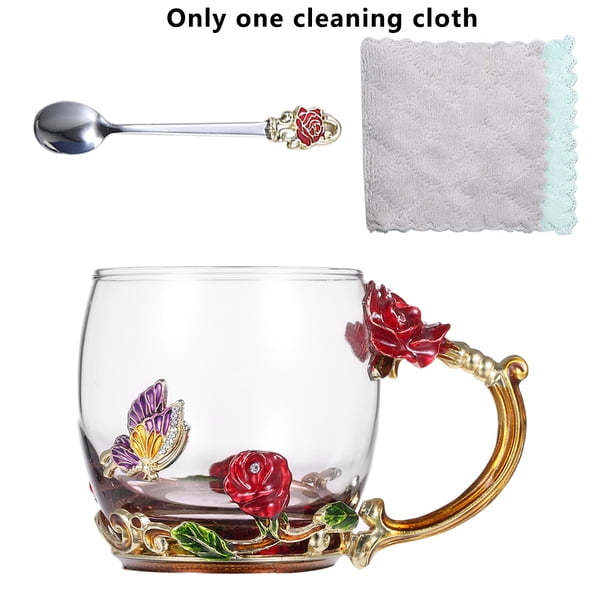 Water Mug Glass Flower Coffee Cup Decoration Gift Milk Tea Cup With Spoon Red Rose 3ml Walmart Com Walmart Com