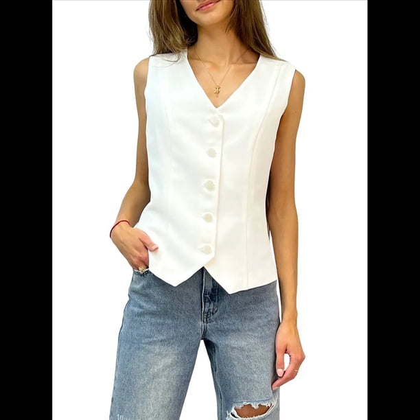 Chaleco de Traje de Mujer con Botonadura Sencilla, Cuello en V, Clásico, Informal, para Oficina, con Bolsillos XL