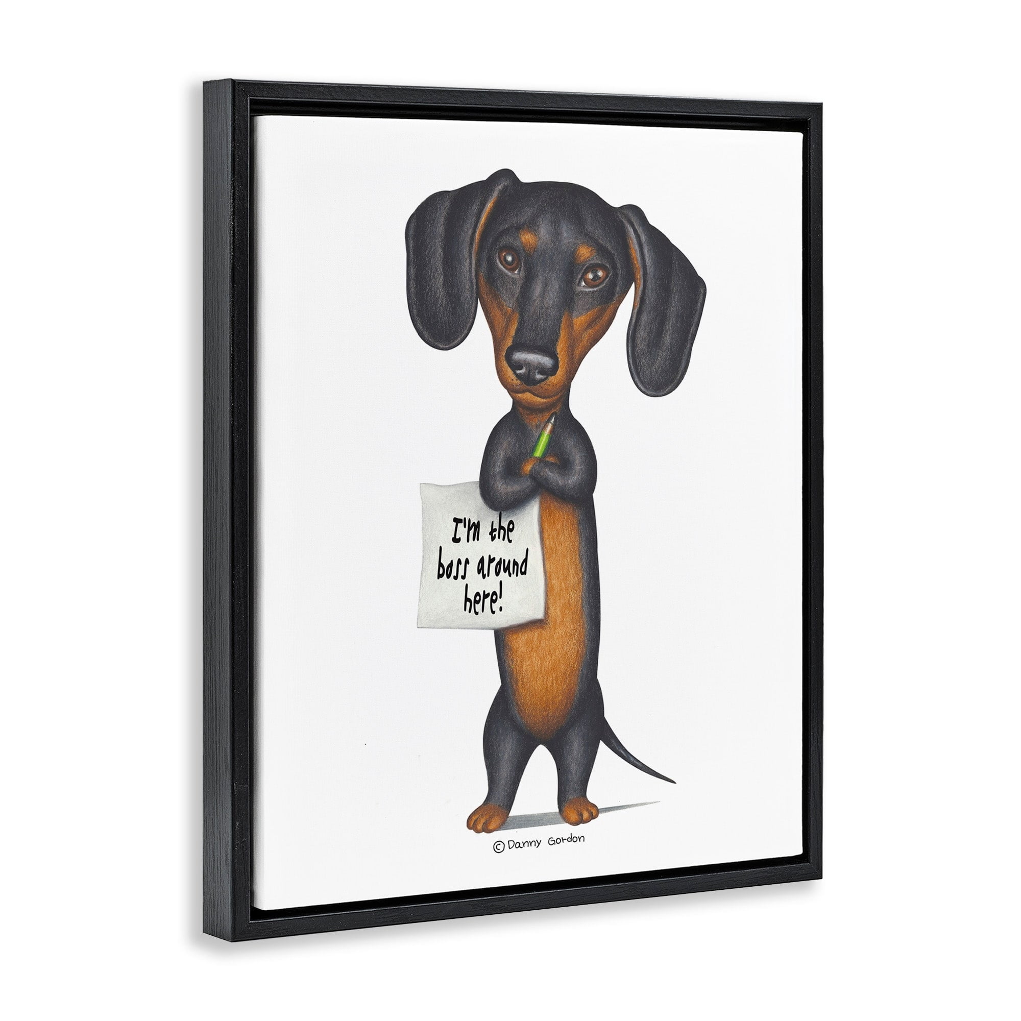 Stupell Industries Dachshund 'I'm The Boss' Fun Family Pet Phrase Jet Black Framed Floating Canvas Wall Art, 16x20, by Danny Gordan