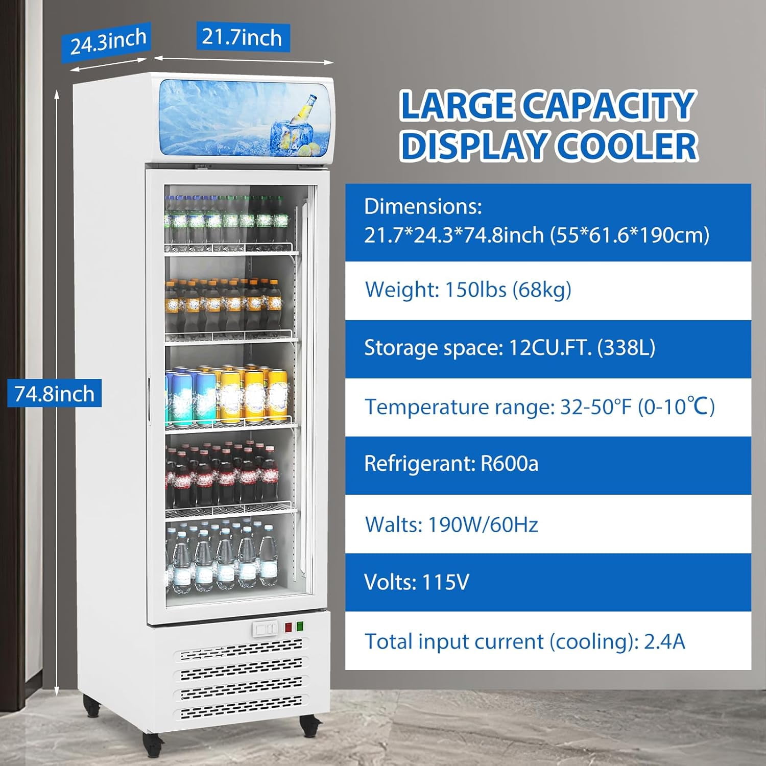 Accreate Commercial Beverage Display Refrigerator 11.8 cu.ft with Glass Door, Cooling 32-50℉Upright