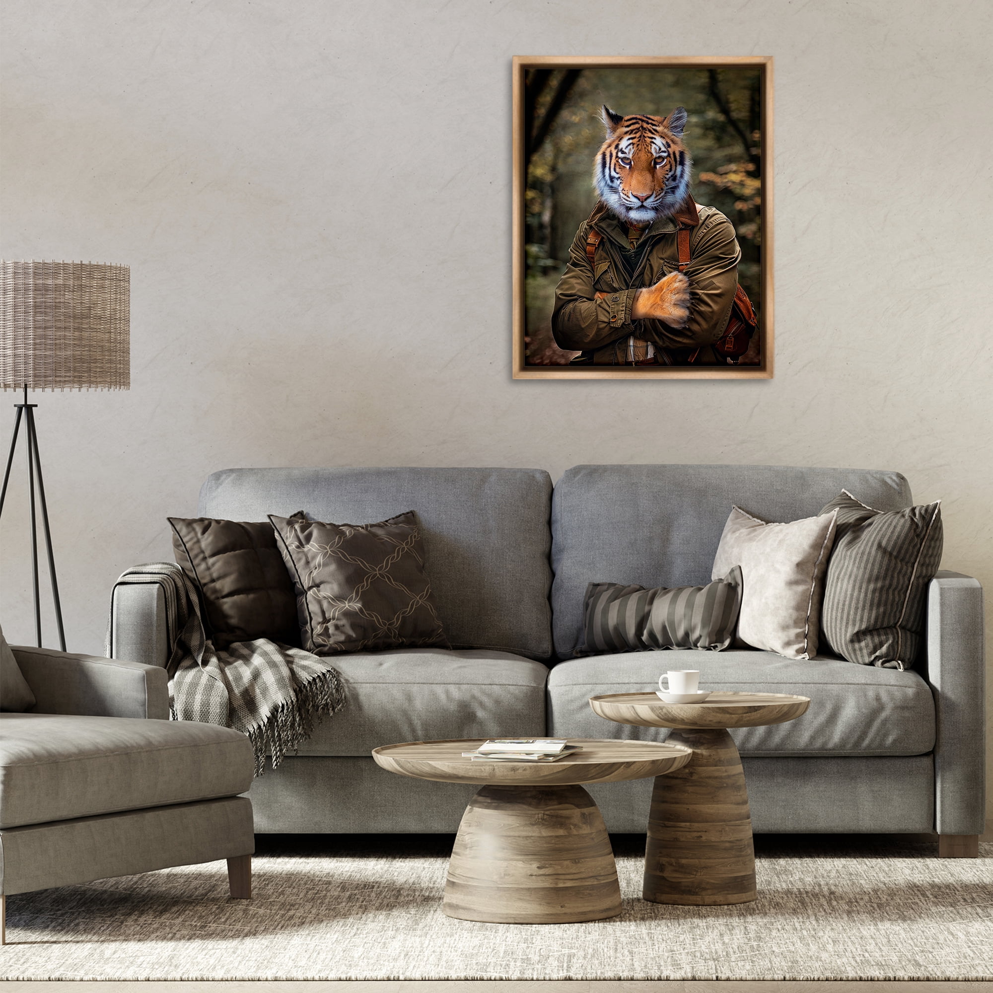 Stupell Industries Tiger in Hiking Attire Animals & Insects Painting Brown Floater Framed Canvas Art Print Wall Art, 25 x 31