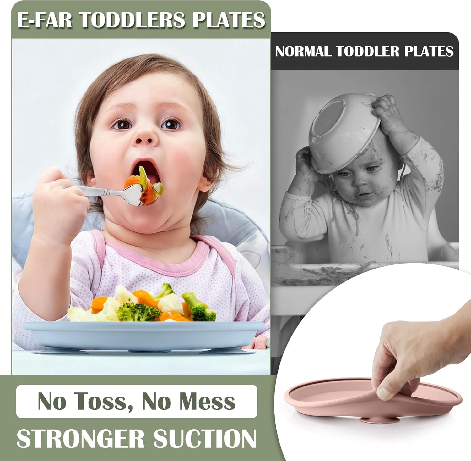 Stainlss Stl Toddlr Bowls and Plats with Suction Bundl, 4-Pack 9" Kids Plats and 4-Pack 5" Baby Bowls, Non-Slip & Unbrakabl, Dishwashr Saf