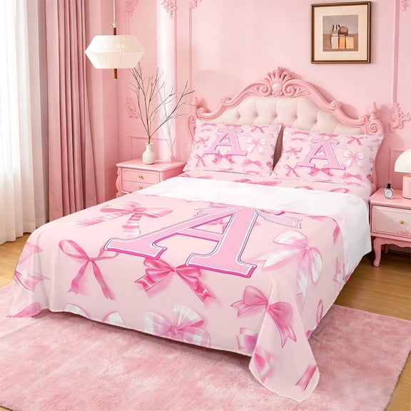 Manfei Letter A Initial Full Size Sheets For Kids,Pink Plaid Bow Bed Sheets For Girls,4pcs