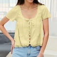 thumbnail image 2 of JIAYUE Women's T-Shirts For Casual And Vacation Wear Short Sleeve Solid Color Scoop Neck With Lace Hollow Out Detail And Bow Tie Design Leisure Female Tops, 2 of 6