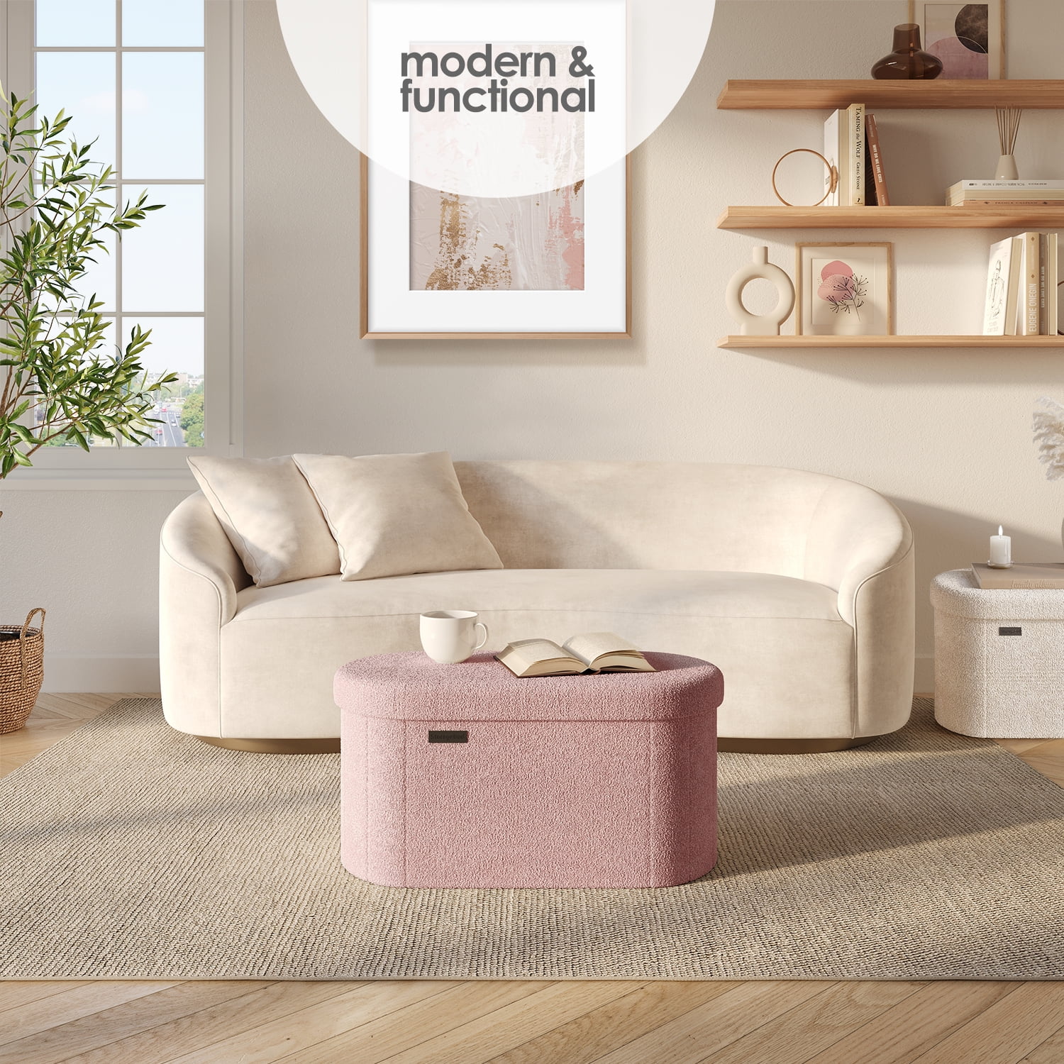 Hearth & Harbor Oval Storage Ottoman Bench, Boucle 30" Ottoman with Storage , Pink