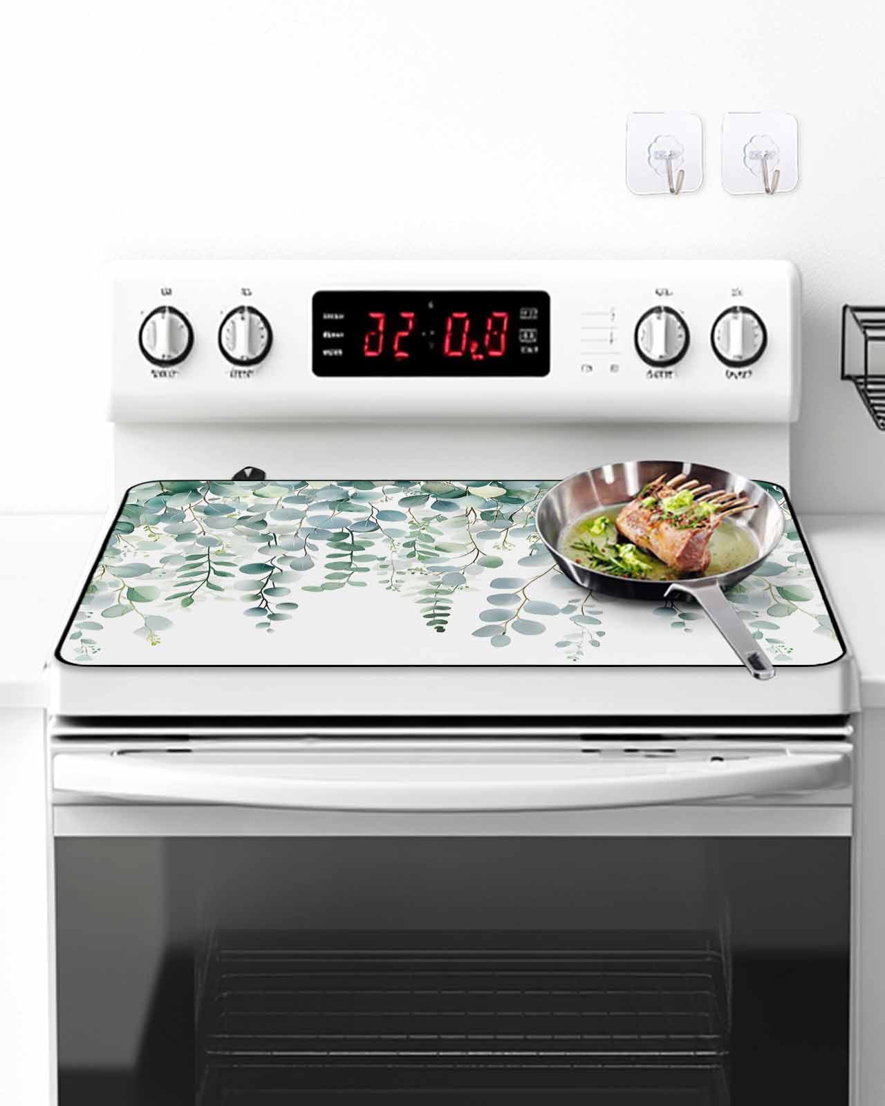 Stove Top Covers for Electric Stove, Eucalyptus Leaves Glass Stovetop Cover Protector, Teal Botanical Summer Weeping Induction Cooktop Protector Oven Mat for Kitchen Countertop 24"x21"
