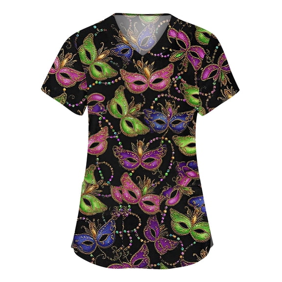 Hogleaql Ladies Mardi Gras Scrub Top Short Sleeve Plus Size V Neck Casual Scrub Tops Carnival Mask Printed Nursing Medical Uniform Dressy Tops 2 Pockets Pink XL