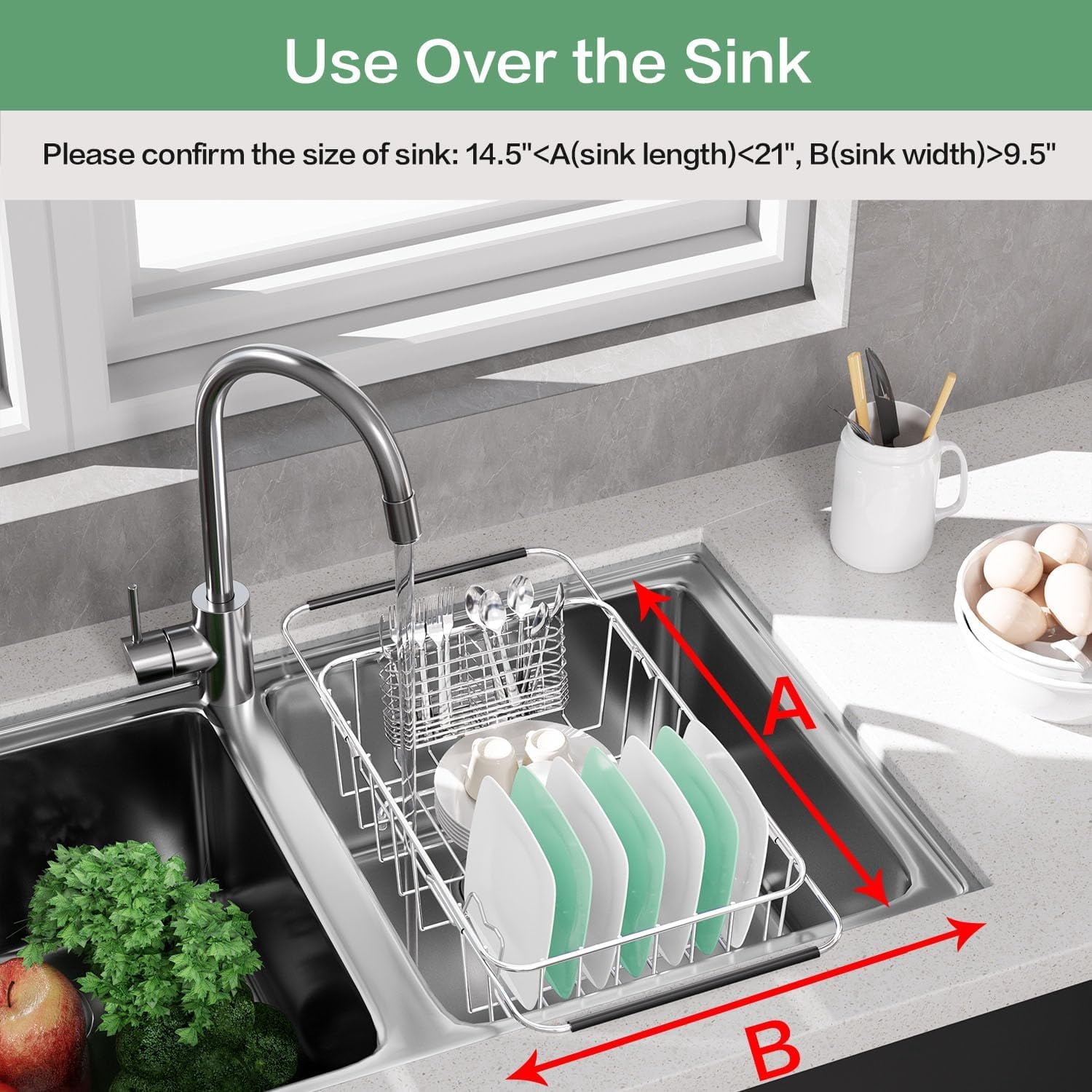 Small Dish Drainer Rack in Sink Adjustable, Expandable Stainless Steel Metal Dish Drying Rack Organizer with Stainless Steel Utensil Holder Over Inside Sink Counter, Rustproof(for 1-2 People)