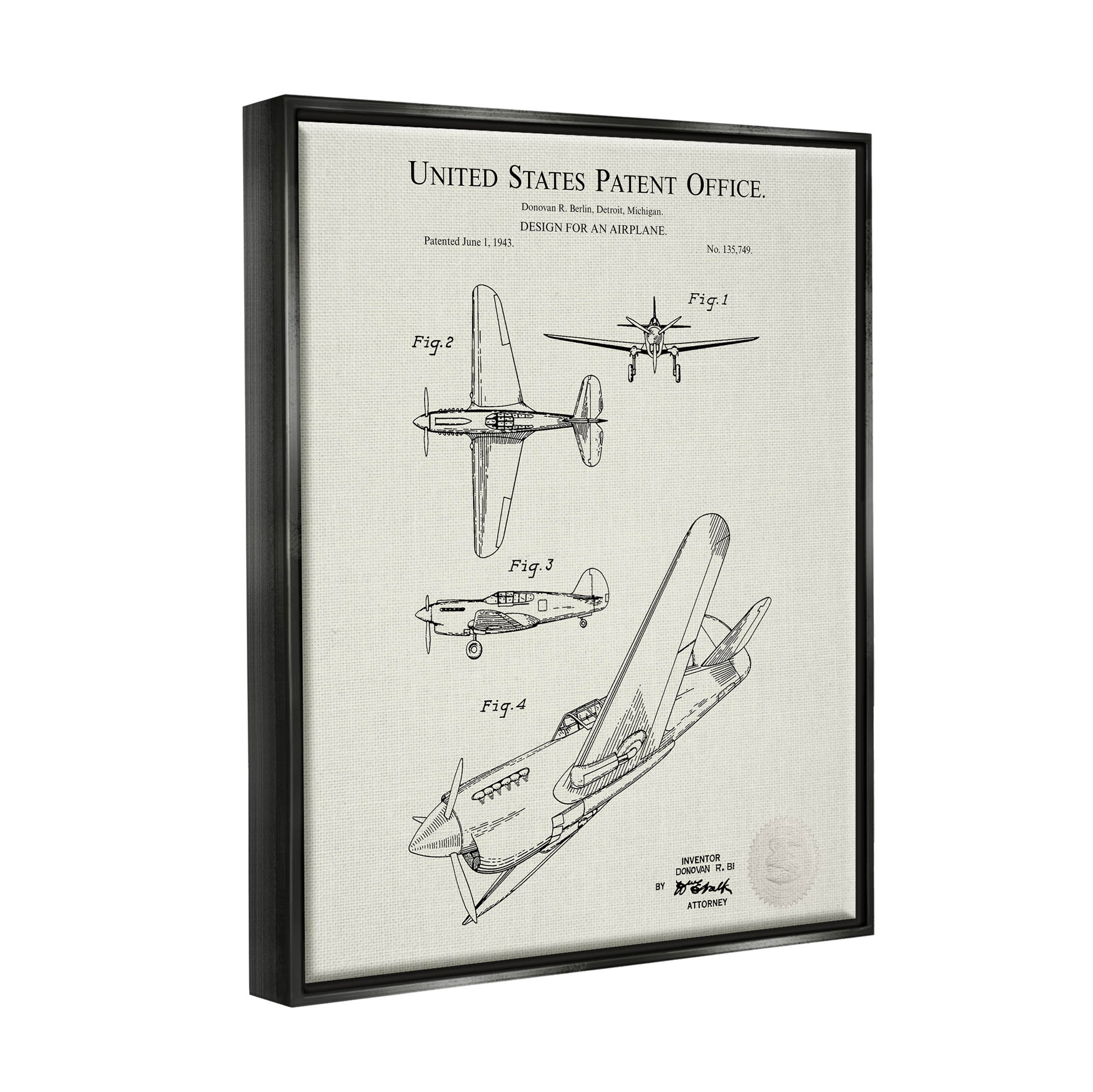 Stupell Industries Aircraft Patent Diagram Chart Graphic Art Jet Black Floating Framed Canvas Print Wall Art, Design by Karl Hronek