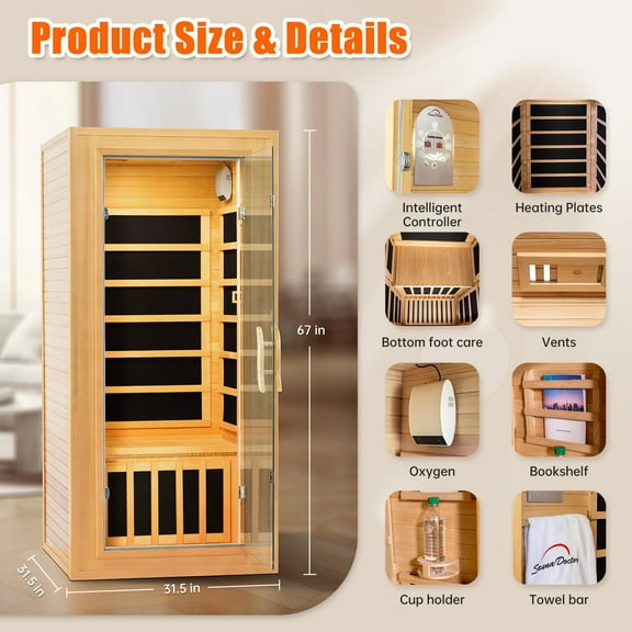 1180W Low EMF 1 Person Far Infrared Sauna for Home, Hemlock Wood Indoor Dry Sauna Spa with Intelligent Control Panel, Glass Door, Blue-Tooth, 31.5 * 31.5 * 67in