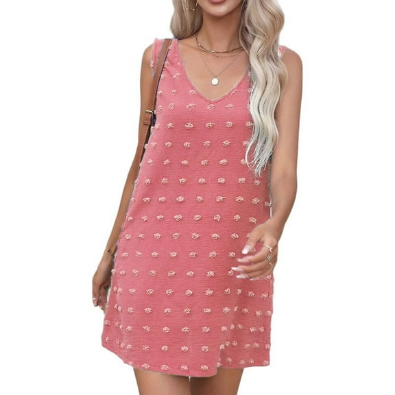 Women'S Casual Summer Sun Dresses Polka Dot Beach Cover Up V Neck Sleeveless Tank Dress with Pockets Pink XXL
