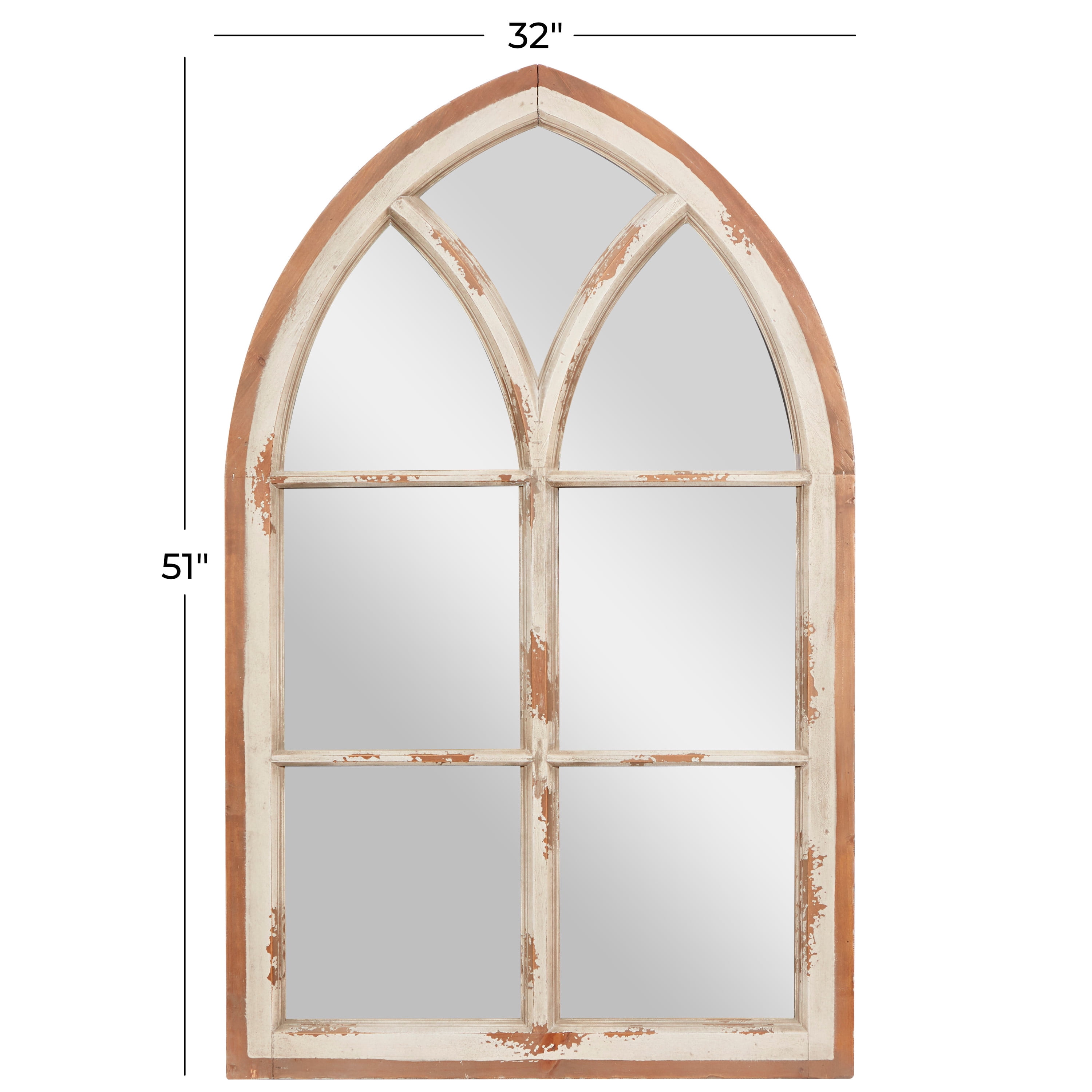 DecMode 32" x 51" White Window Pane Inspired Wall Mirror with Arched Top and Distressing