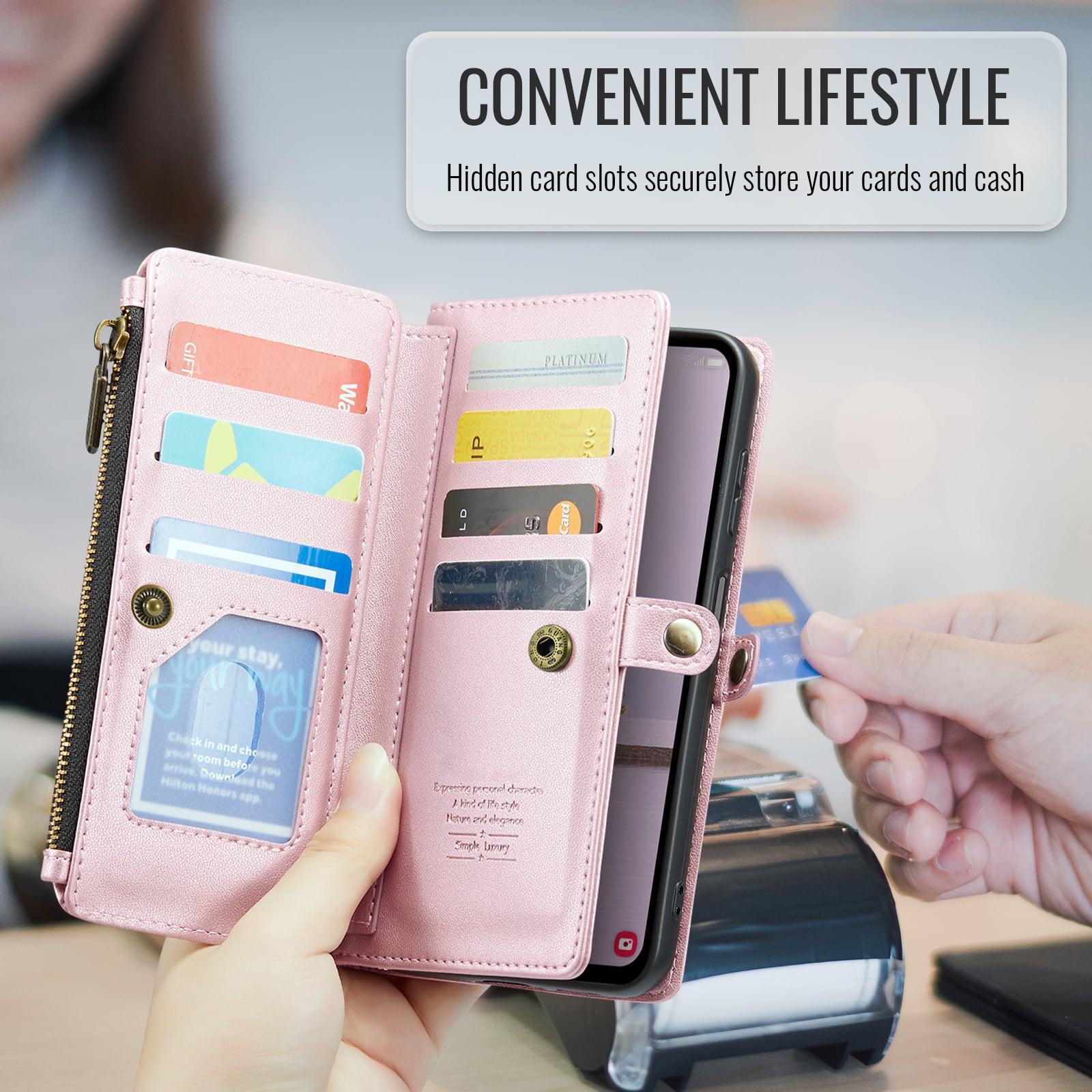 Asuwish Compatible with Samsung Galaxy A17 5G Zipper Wallet Phone Case Tempered Glass Screen Protector Crossbody Lanyard Strap Flip Card Holder Slot Cell Cover for A 17 17A G5 Women Girls Rose Gold