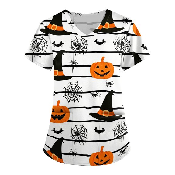 Halloween Womens Scrub Tops Funny V Neck Spooky Pumpkin Witch Hat Printed Scrub Shirts Horror Short Sleeve Scrubs Nursing Workwear Medical Nurse Uniform with Pockets, M