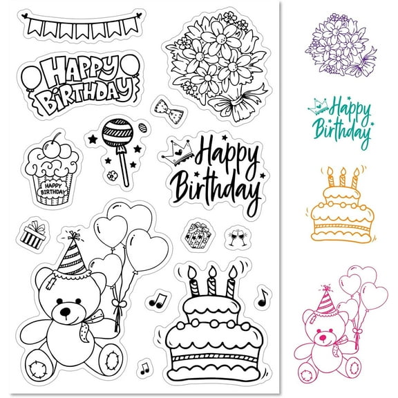 Birthday Theme Clear Rubber Stamps Cake Bouquet Bow Lollipop Gift Note Bear Word Flower Transparent Vintage Postmark Silicone Seals Stamp Journaling Card Making DIY Scrapbooking Paper Craft DIY