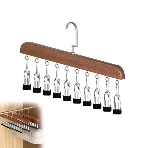 Wooden Legging Organiser for Wardrobe, 2 Pack - 10 Clips Space Saving Trousers Hangers, 360 Swivel Hook Hanging Closet Storage for Yoga Pants, Jeans, Hats, Socks (Vintage/Natural)