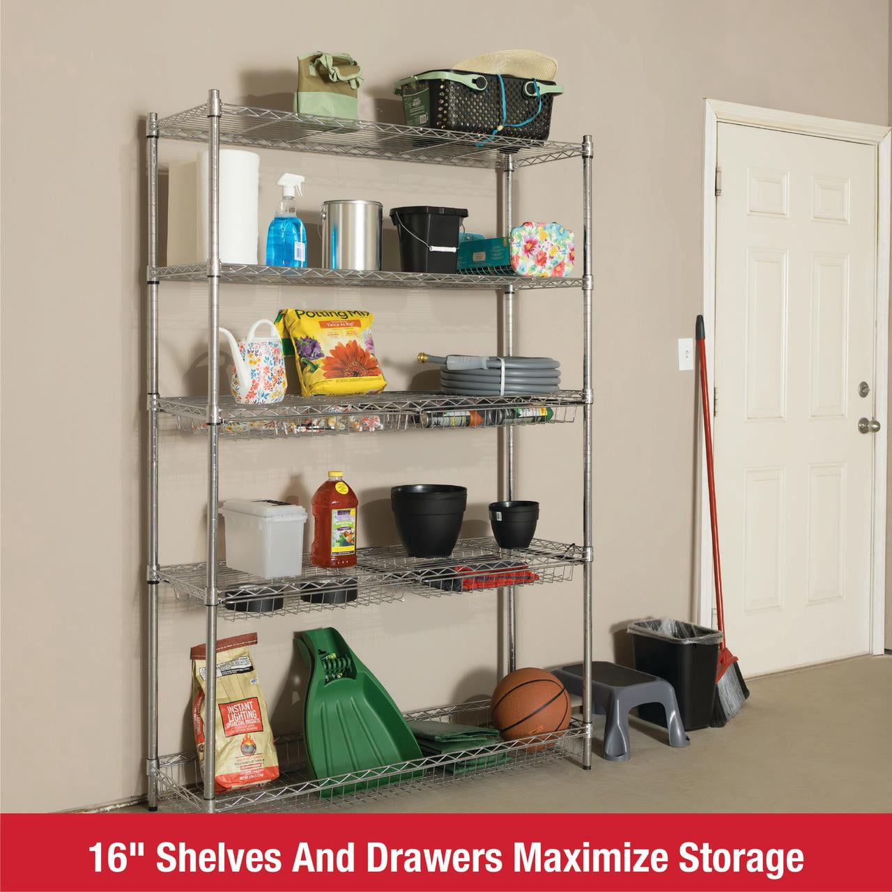 Rubbermaid 5-Tier Deluxe Heavy Duty Chrome Wire Shelving Unit with Drawers & Basket, 1520lb Capacity