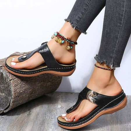 

Medcursor Sandals For Women Metal Decoration Feature Pattern Wedge Flip Flops Platform Leather Strap Sandals With Arch Support Casual Buckle Beach Slippers For Women