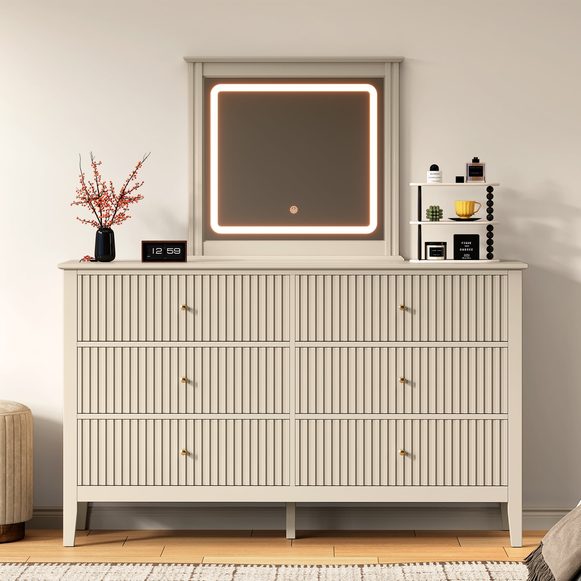 Heynemo Fluted 6 Drawer Dresser with Lighted Mirror, Wide Modern Chests of Drawers for Bedroom, Living Room, Hallway, Beige