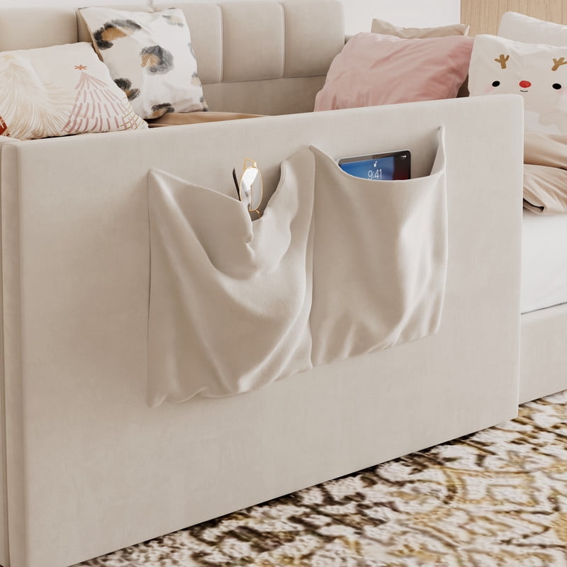 Full Size Velvet Daybed with 2 Storage Pockets, Upholstered Guest Sofa Bed Frame with High & Padded Backrest