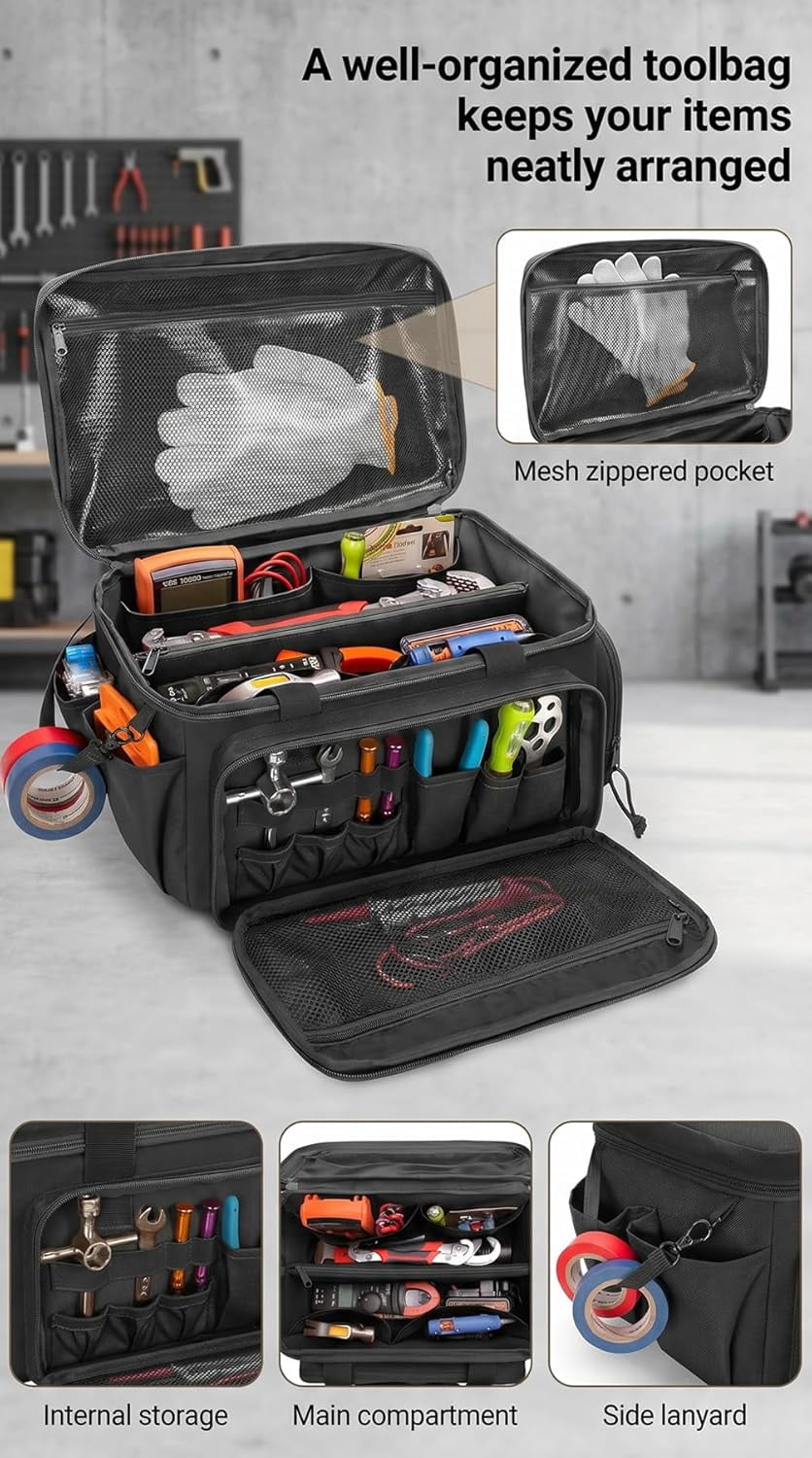 14-Inch Heavy-Duty Canvas Tool Bag, 600D Oxford Cloth Tool Organizer with 16+ Multi Pockets, Waterproof Tote for Electrician, Plumber, Carpenter, Handyman, DIY, Home Improvement (Black,One size)