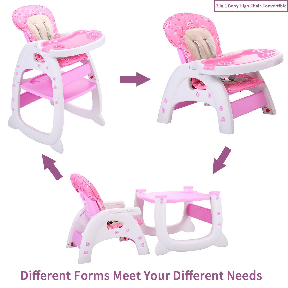 Kepooman 3 in 1 Baby High Chair, Adjustable Convertible Play Seat Booster Toddler with Feeding Tray - Pink