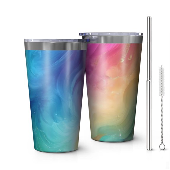16oz Tumblers Colorful Wave Pattern Stainless Steel Vacuum Insulated Double Wall Travel Tumbler Cups Mug with Lid and Straw,Cleaning Brush for Coffee,Tea