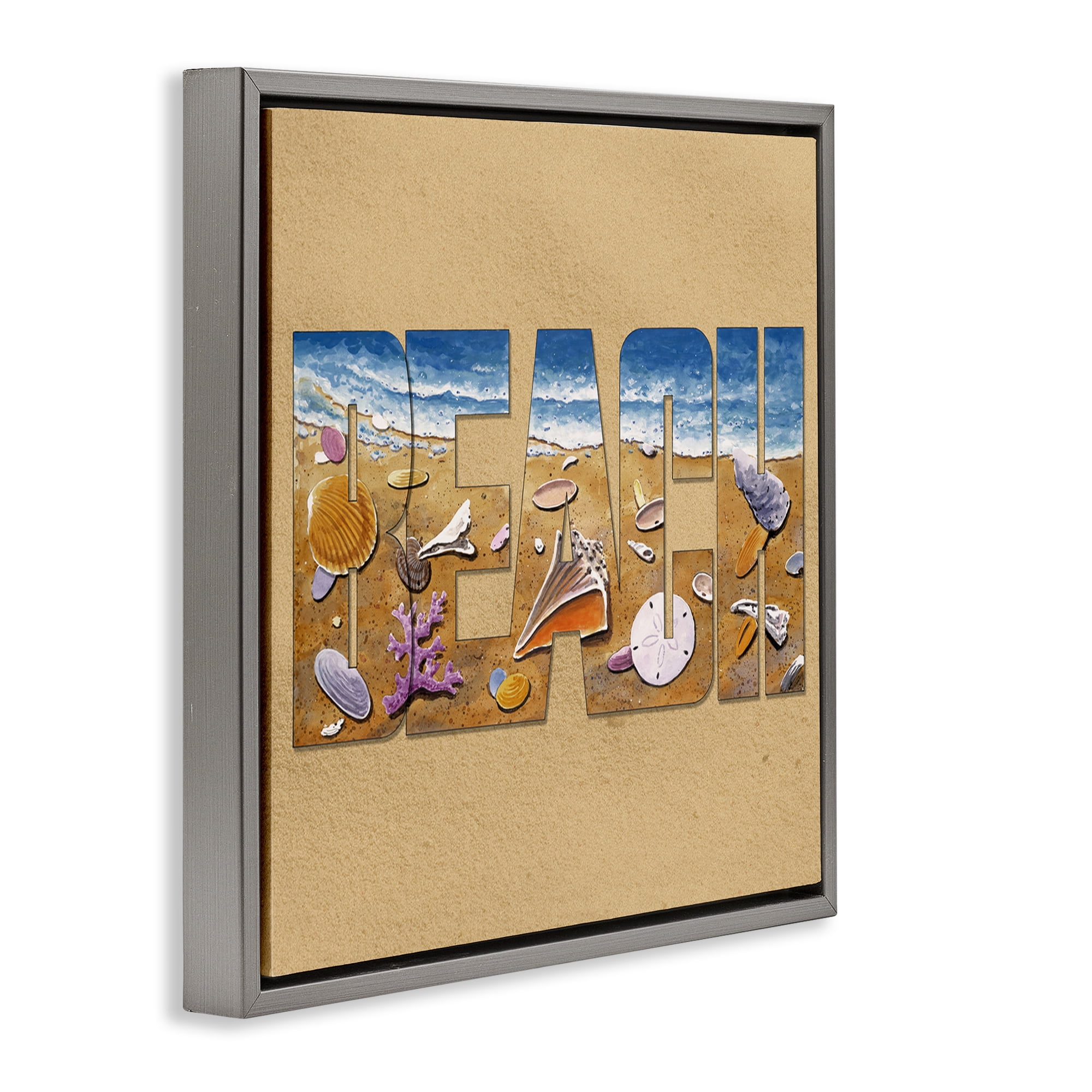 Stupell Industries Beach Letters Outline Nautical & Beach Painting Gray Floater Framed Canvas Art Print Wall Art, 25 x 25
