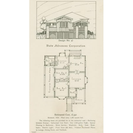 LAMINATED POSTER Drawing and floor plan of house design no. 47 from the State Advances Corporation, 1934 The drawing Poster Print 24 x