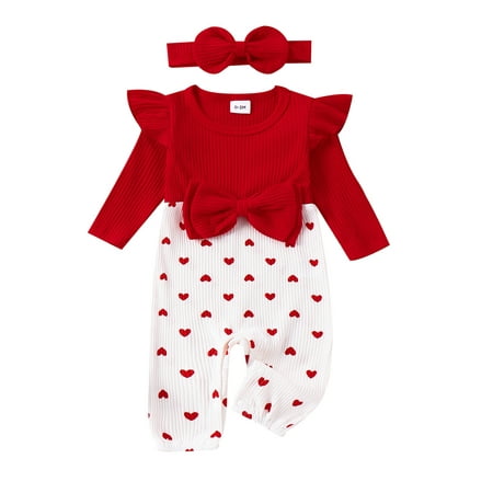 

Co.MMehjri Baby Girls Rompers Valentine s Day Clothes Heart Print Rib Knit Long Sleeve Toddler Jumpsuits Bodysuits with Headband
