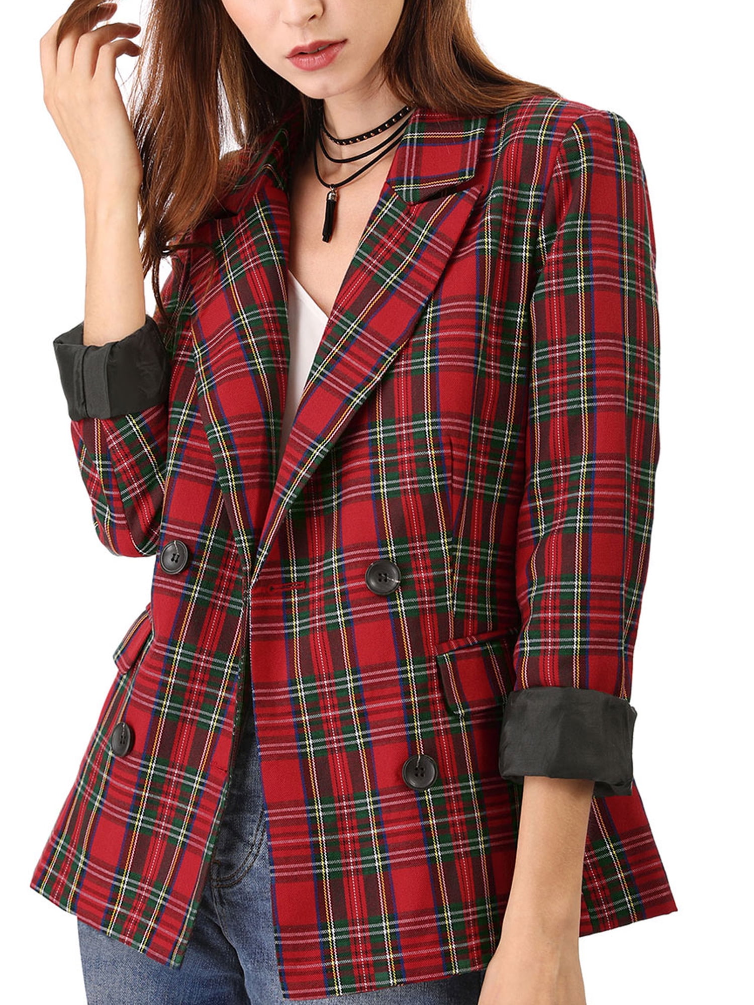 Allegra K Allegra K Women's Notched Lapel Double Breasted Plaid