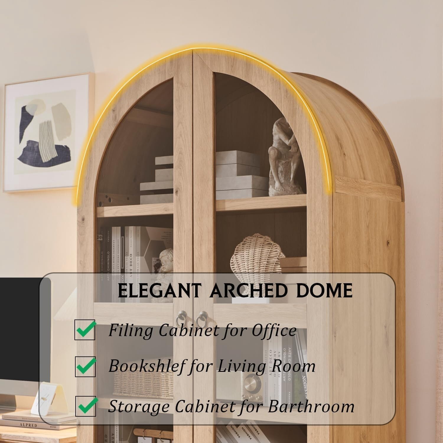 Arch Bookshelf with Storage Set of 2, Tall Bookcase with Glass Doors & Drawers