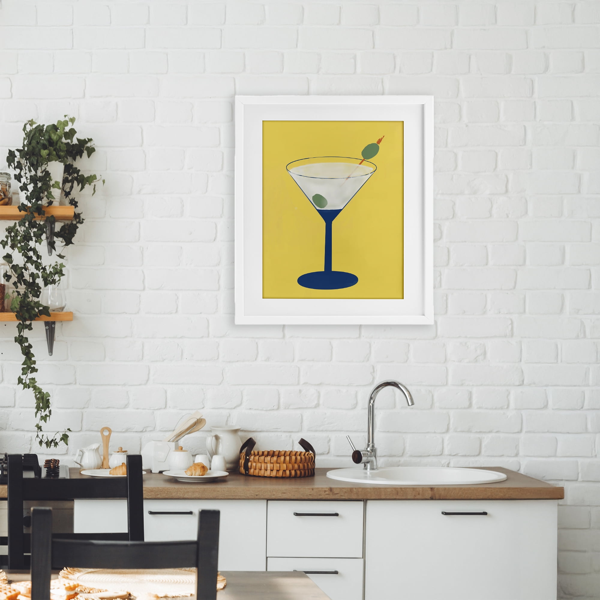Stupell Industries Martini Glass over Yellow White Framed Print Under Glass, design by Robin Maria
