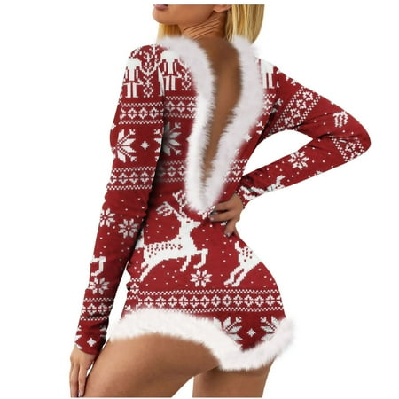 

Womens Christmas Romper Print Backless One Piece Long Sleeve Pajamas Sexy Bodysuit Jumpsuit Adult Onesies Pajamas Ladies Clothes