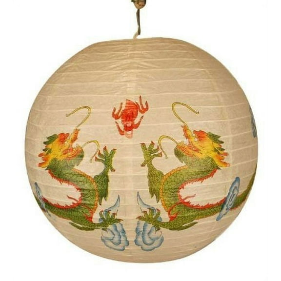 Chinese Round White Paper Lantern - Two Dragons