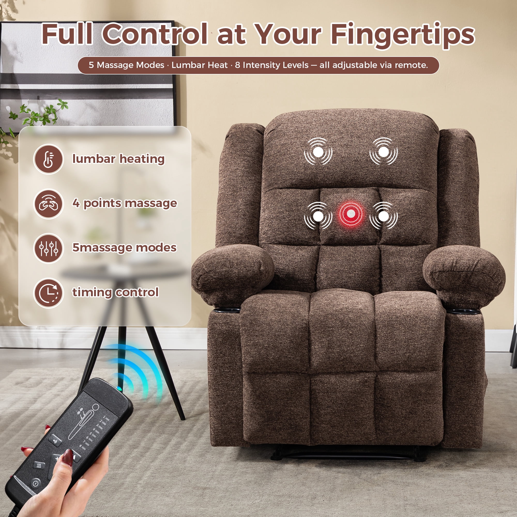 Ebello Manual Recliner Chair with Massage & Heat, Soft Fabric Recliner Chair with Cup Holders and Side Pockets for Living Room, Brown