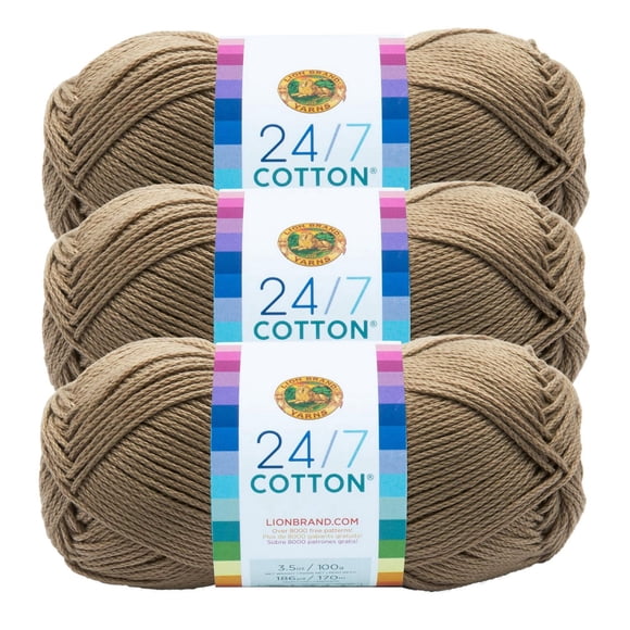 Lion Brand Yarn 24/7 Cotton Taupe Medium Mercerized Cotton Yarn 3 Pack