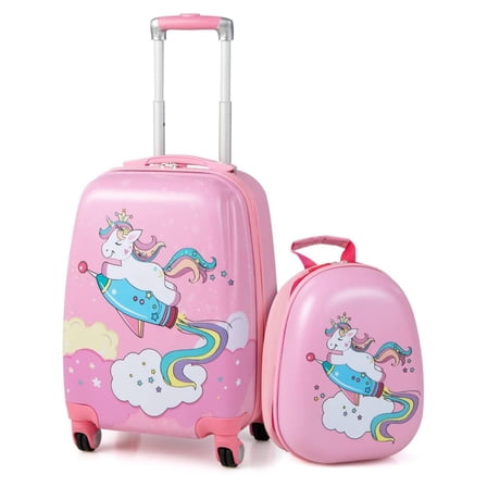 2Pc Kid Carry On Luggage Set, 12" & 18" Kids Suitcase with 4 Spinner Wheels, Travel Rolling Trolley Rainbow Pony