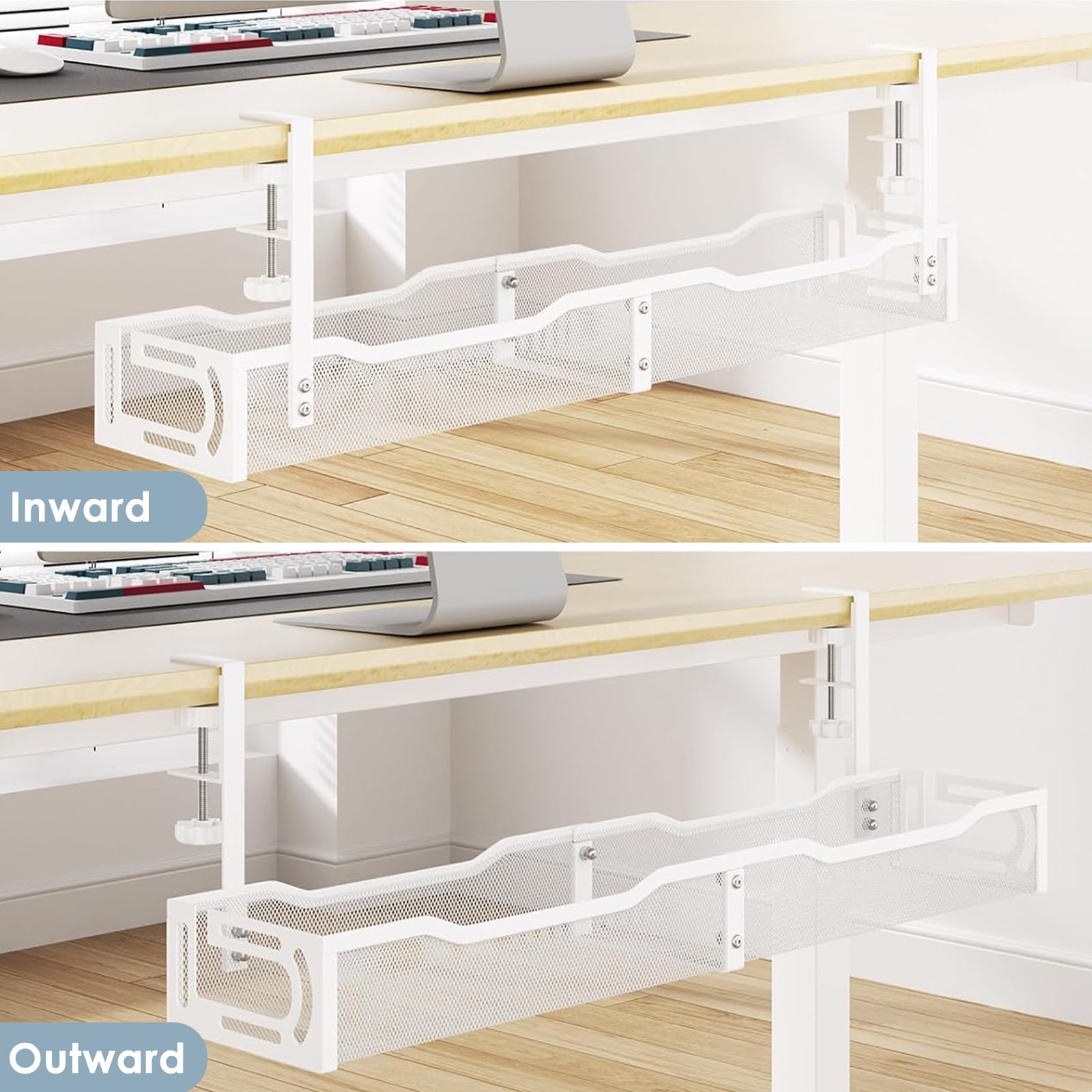 LOVJOYSE Cable Management, 25'' Cable Management Under Desk No Drill, Metal Cord Organizer with Clamp for Standing Desk, Cable Organizer for Home Office, White