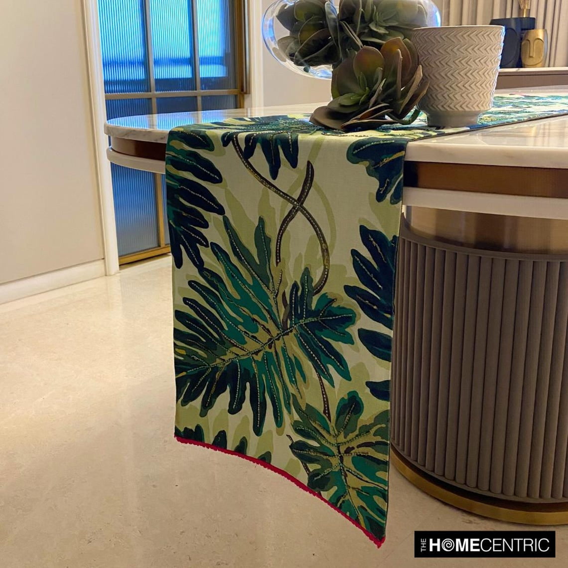 Tropical Printed Cotton Table Runner with Bead Embroidery and Lace Green Printed Cotton 14 x 72 inch long, Wedding Decor Table Linen Modern Table Runner - Tropically