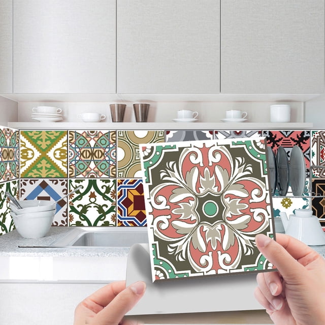 MAWCLOS Decals Peel And Stick Tile Sticker Backsplash Tiles 24 Pack Removable Wall Stickers PVC Floral Moroccan Waterproof DIY Style 7 3.94x3.94"/10x10cm