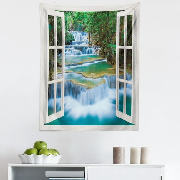 Landscape Tapestry, Open Window to River Flowing down Inside a Forest with Spring Season Trees, Fabric Wall Hanging Decor for Bedroom Living Room Dorm, 5 Sizes, Multicolor, by Ambesonne