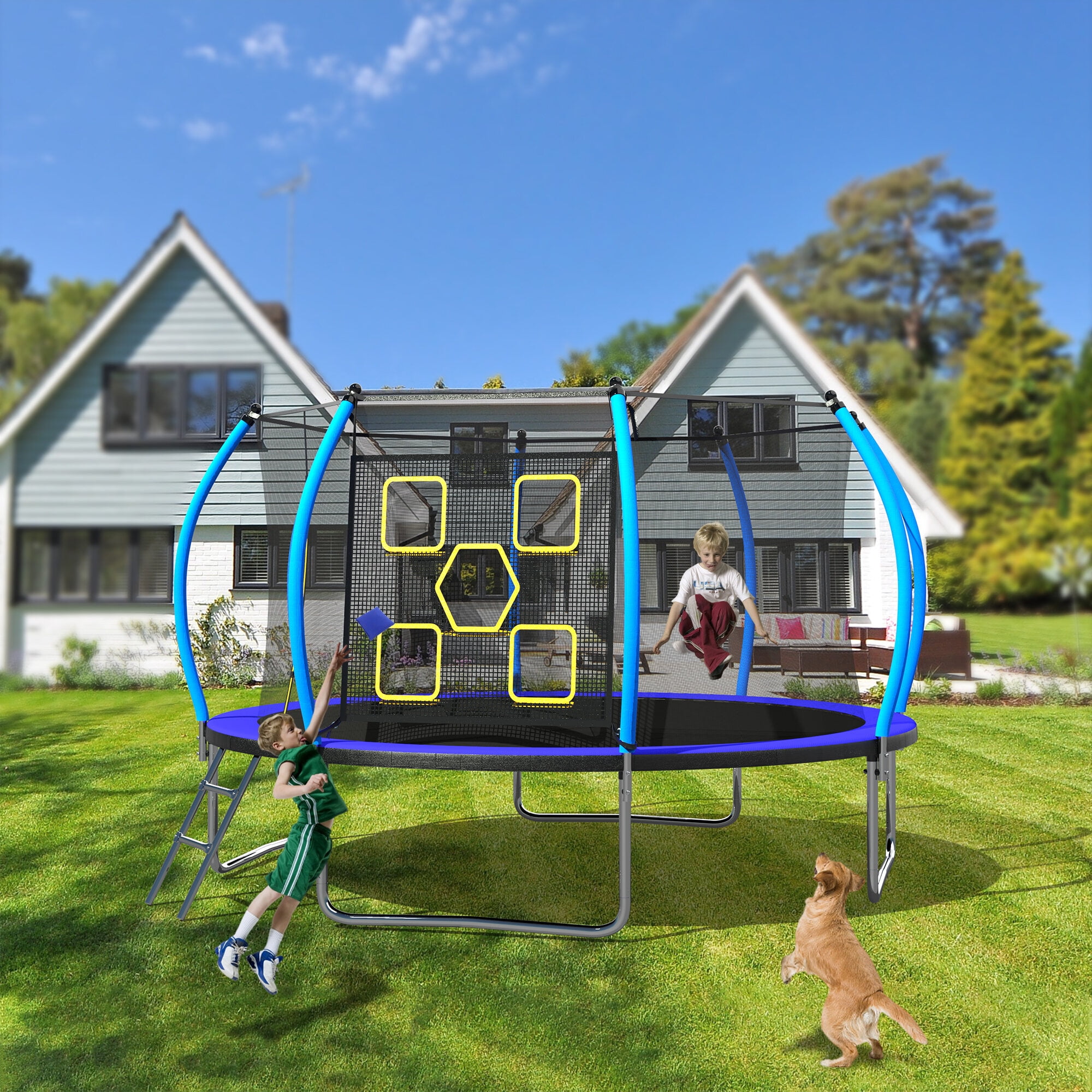 Mini Trampoline, 12FT Trampoline with Enclosure - Recreational Trampolines with Ladder, ASTM Approval Outdoor Trampoline for Kids, Black+Blue Trampoline For Kids,Steel Fitness Trampoline