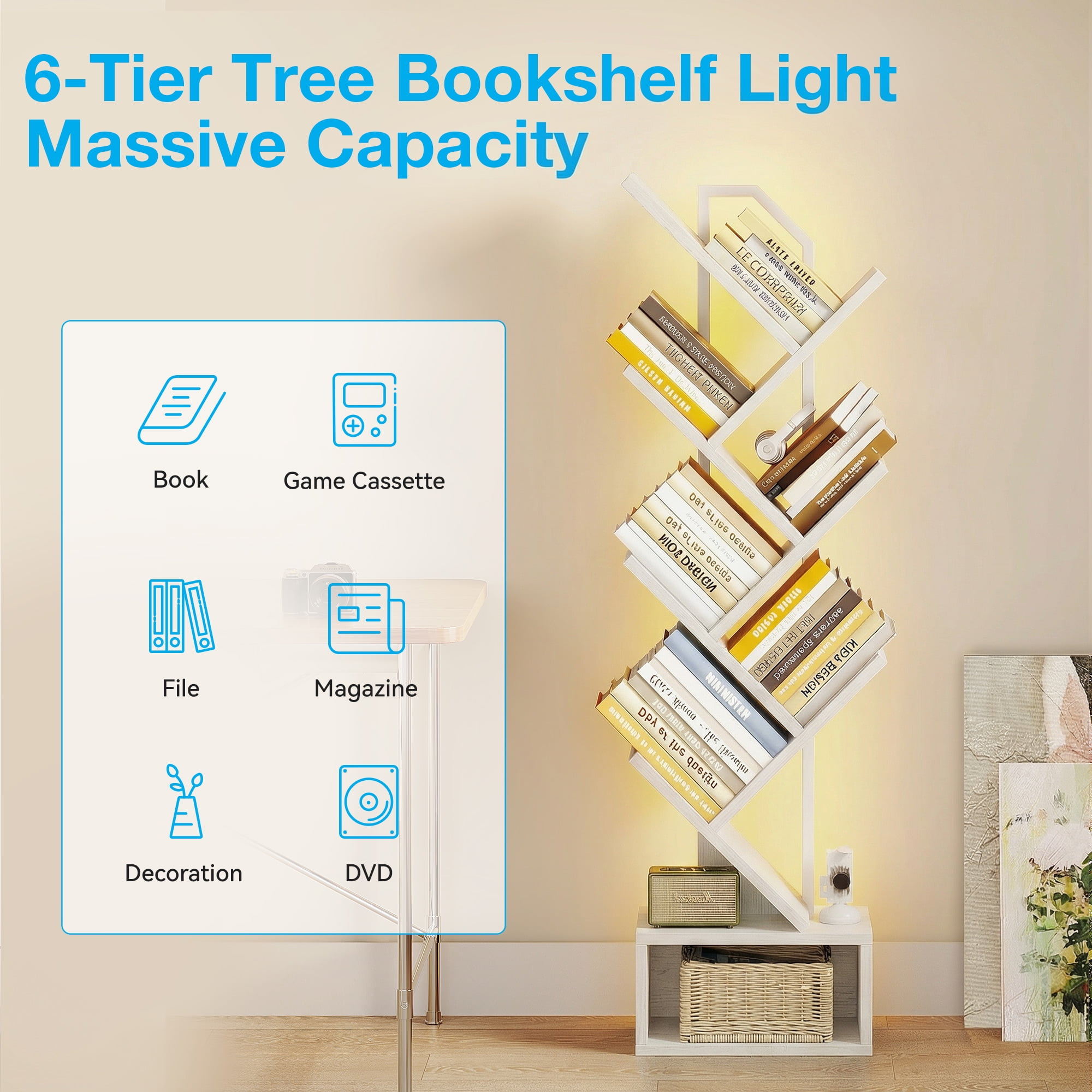 Casacomoda 6 Tier Tree Bookshelf, Bookcase with LED Lights, Display Floor Standing Storage Shelf, Book Organizer Shelves for Home Office, Living Room, White
