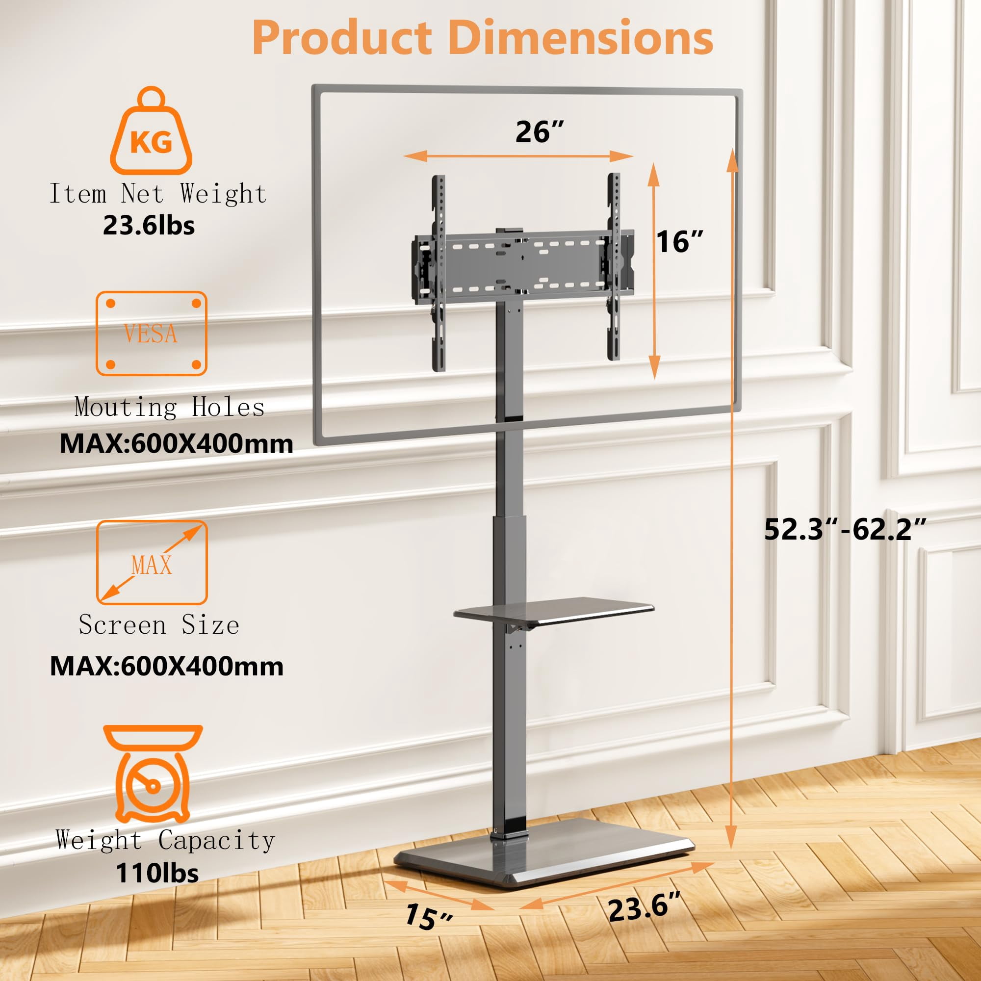 Afaloona Universal Floor TV Stand,TV Floor Mount Stand with Removable Shelf for 32-75 inch TV up to 110 lbs, Swivel and Height Adjustable Tall TV Stand for Bedroom,Office
