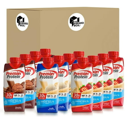 Premier Protein High Protein Shakes. 11 Oz. Variety pack, 4 of Each Flavor 12 Pack in The Award Box