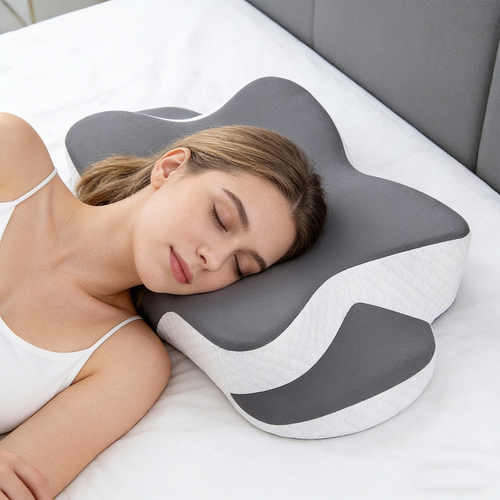 Ergo Pillow for Sleep Apnea, Neck Pain, and Snoring Relief | Cervical Neck Pillow for Side Sleepers | Orthopedic Memory Foam with Ergonomic Support （Gray）