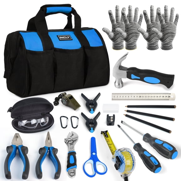 INCLY 24 PCS Real Tool Set with Tool Bag, Boys Small Real Hand Tools Kit, Construction Learning Tools Hammer Screwdriver for Home DIY Building and Woodworking